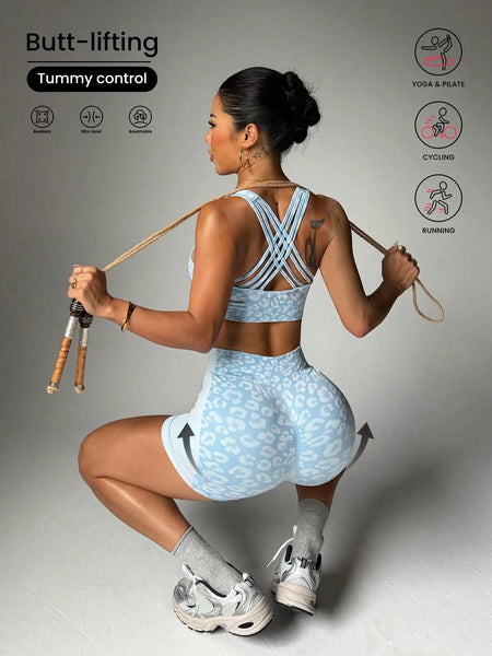 High waisted and belly hugging leopard print yoga set for women
