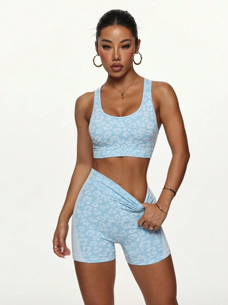 High waisted and belly hugging leopard print yoga set for women