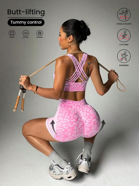 High waisted and belly hugging leopard print yoga set for women