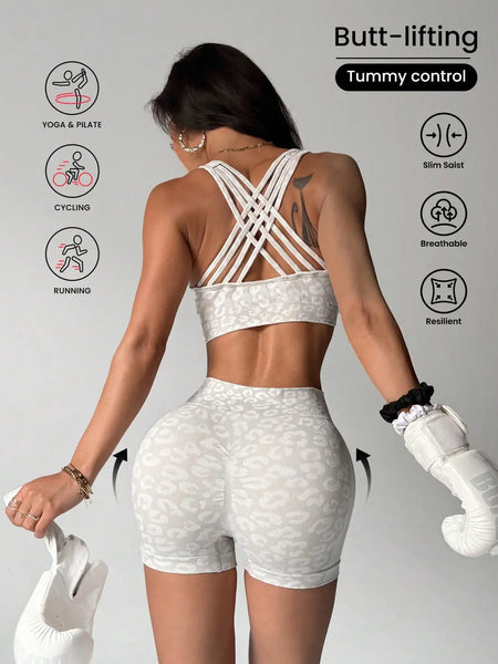 High waisted and belly hugging leopard print yoga set for women