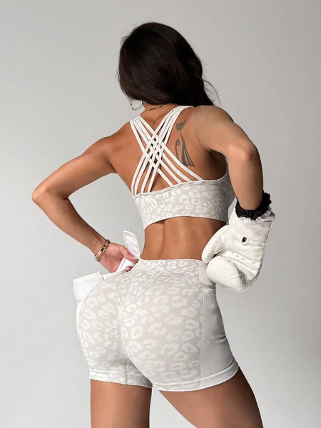 High waisted and belly hugging leopard print yoga set for women