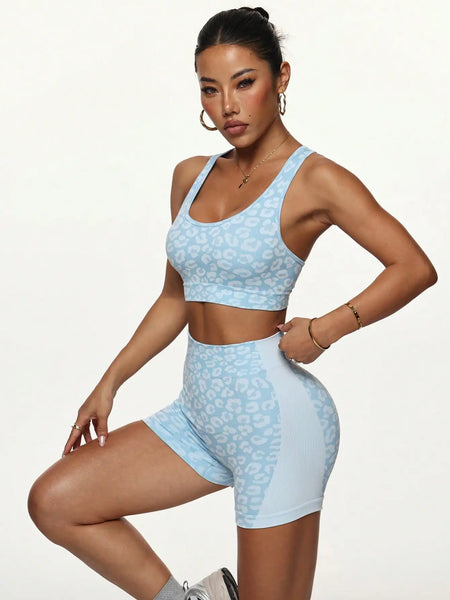 High waisted and belly hugging leopard print yoga set for women